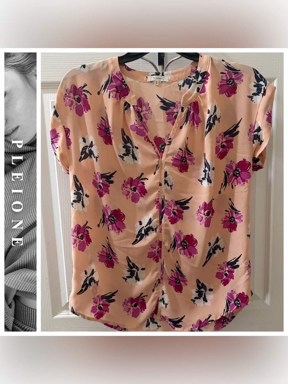 Pleione Peach Blouse with Navy Floral Accent